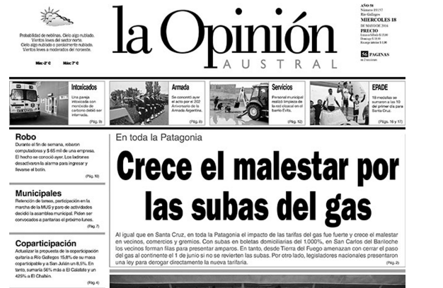 Tapa del diario La Opinión Austral (Santa Cruz)