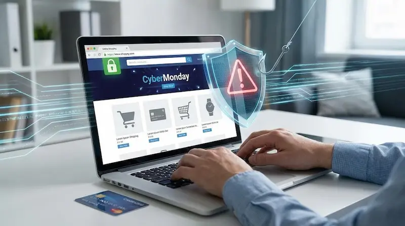 Ilustración de seguridad online durante CyberMonday: una persona compra en una laptop protegida por un escudo digital contra un anzuelo de phishing, con una tarjeta de crédito sobre la mesa.