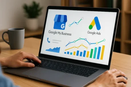 Persona usando una notebook con gráficos de Google Mi Negocio y Google Ads en un escritorio de trabajo