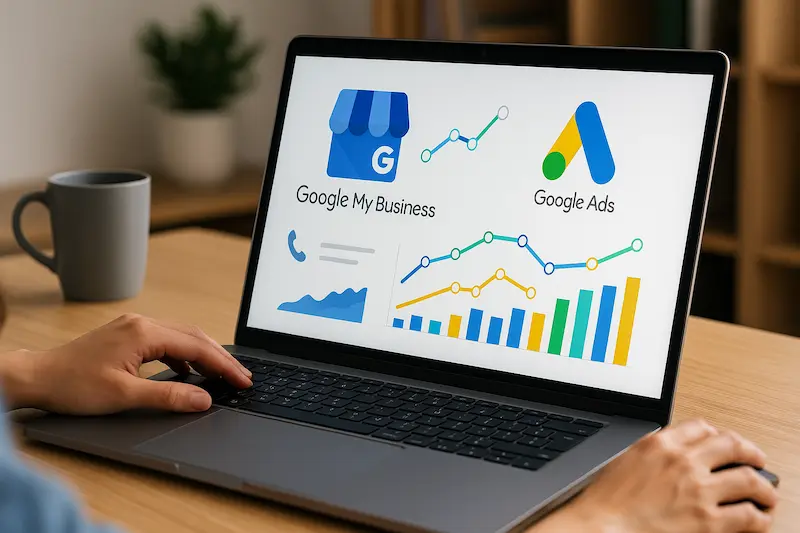 Persona usando una notebook con gráficos de Google Mi Negocio y Google Ads en un escritorio de trabajo