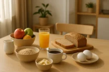 Desayuno saludable argentino con frutas, pan integral, avena, huevos, café y mate sobre mesa de madera con luz de mañana.