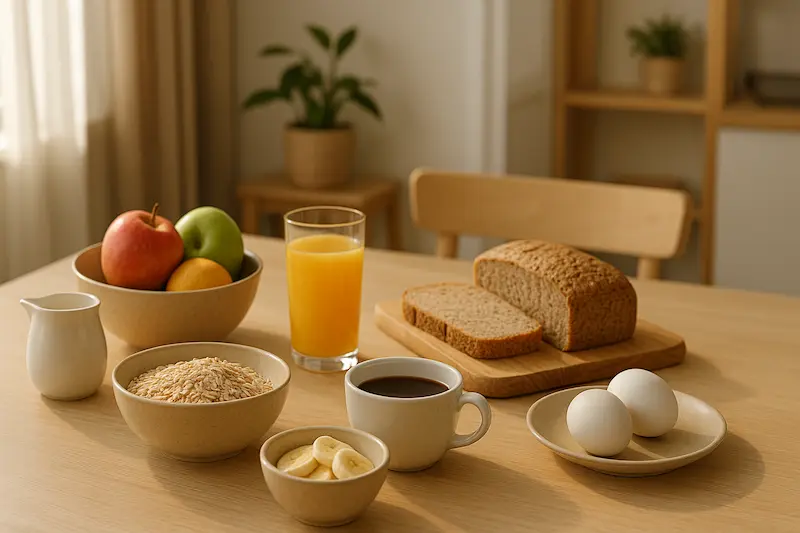 Desayuno saludable argentino con frutas, pan integral, avena, huevos, café y mate sobre mesa de madera con luz de mañana.