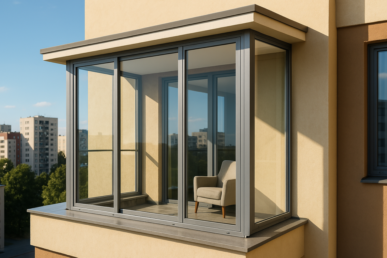 Balcón moderno acristalado con perfiles de aluminio y vidrio, en un edificio residencial con vista urbana, iluminado por la luz del sol.