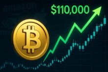 Gráfico ascendente con símbolo dorado de Bitcoin y cifra de 110.000 USD, destacando su nuevo máximo histórico en mayo de 2025