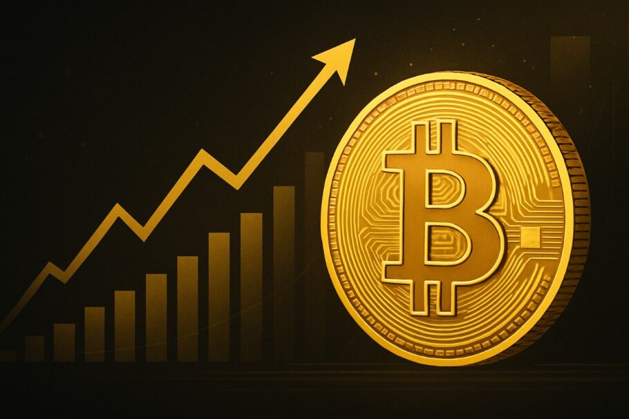 Gráfico ascendente con símbolo dorado de Bitcoin destacando su nuevo máximo histórico
