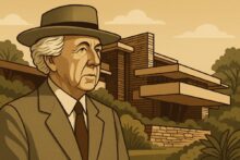 Illustrated portrait of Frank Lloyd Wright in front of a modern building inspired by his organic architecture style, with natural surroundings.