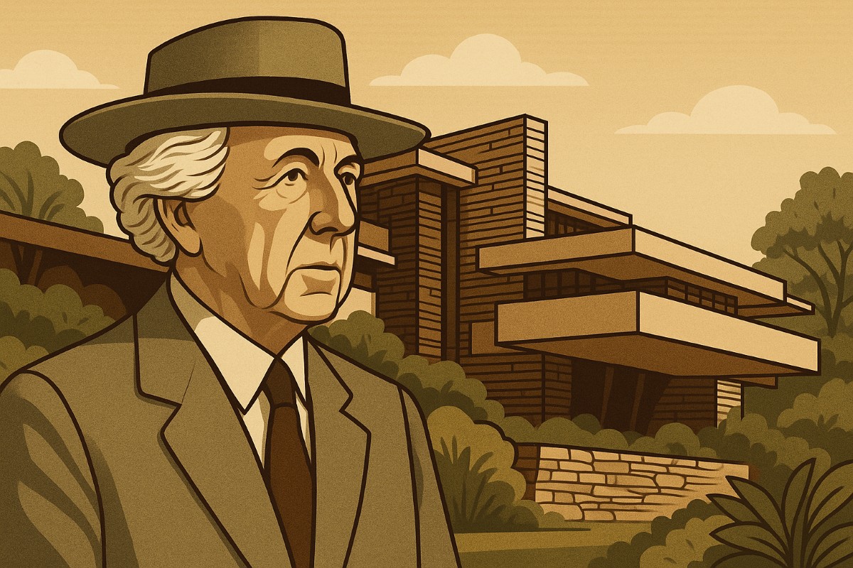 Illustrated portrait of Frank Lloyd Wright in front of a modern building inspired by his organic architecture style, with natural surroundings.