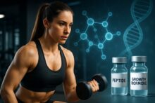 Mujer fit levantando pesas con fondo digital de moléculas y hormona de crecimiento