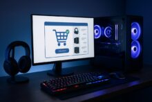 Setup gamer con computadora, teclado RGB, monitor y carrito de compras online en pantalla, en un entorno oscuro con luces azules.