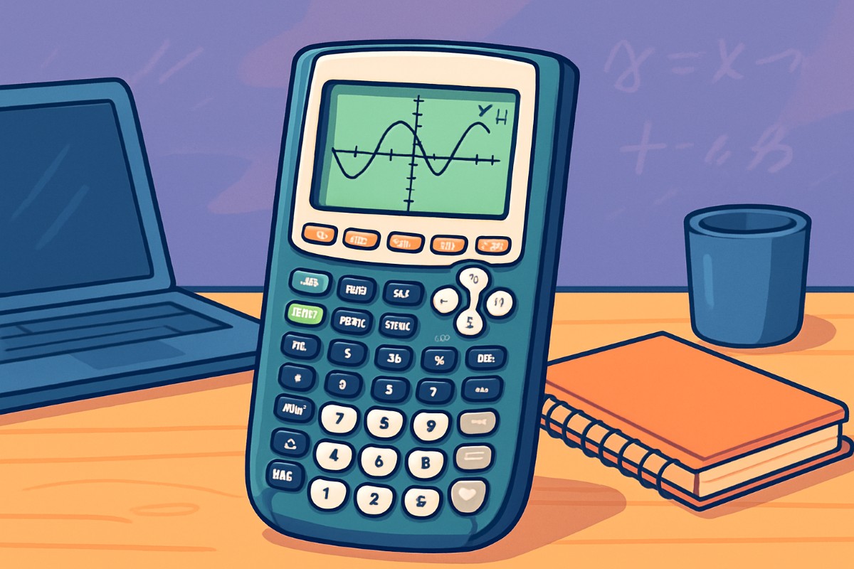 Ilustración digital de una calculadora gráfica TI-84 Plus con una gráfica senoidal en la pantalla, acompañada de una computadora portátil, cuaderno y taza sobre un escritorio.