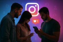 Three people looking at a smartphone with the Instagram logo glowing in the background, symbolizing social media influence.