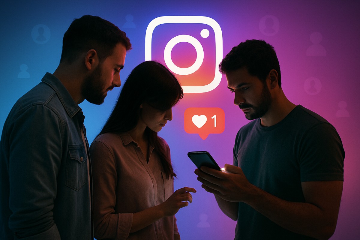 Three people looking at a smartphone with the Instagram logo glowing in the background, symbolizing social media influence.