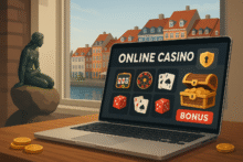 Digital illustration of a Danish online casino interface with slot games, bonus icons, and a sleek Scandinavian design