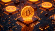 Bitcoin brillando sobre un circuito impreso que representa la tecnología blockchain y la descentralización de las criptomonedas.