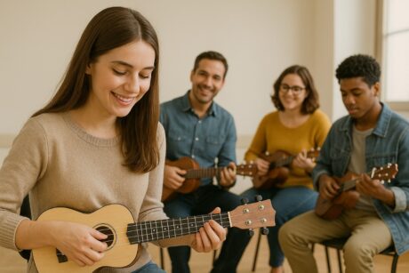 Persona aprendiendo a tocar el ukelele en una clase grupal