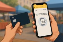 Persona cobrando con el celular mediante Point Tap de Mercado Pago en una feria