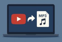 Ilustración de una computadora portátil mostrando el proceso de conversión de video de YouTube a archivo MP3