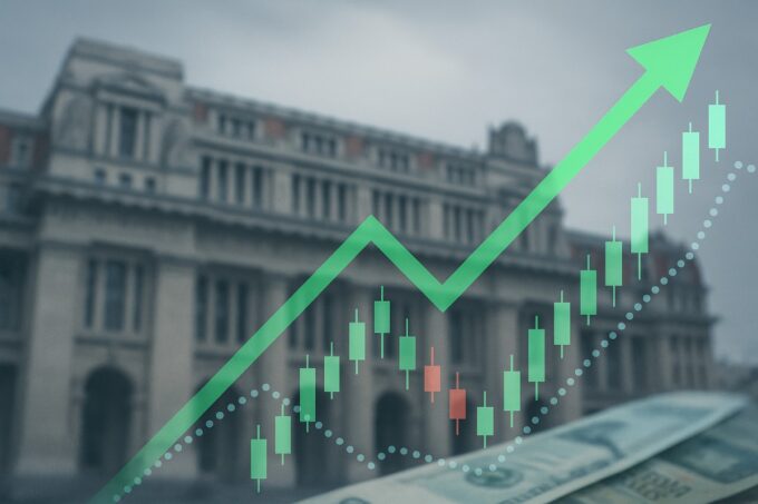 Ilustración del Palacio de Tribunales con gráficos financieros en alza, sin personas ni símbolos. Imagen representativa del impacto del juicio a Cristina Kirchner en el mercado.