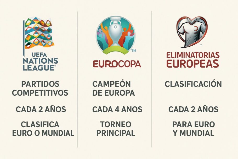 Comparación visual entre UEFA Nations League, Eurocopa y Eliminatorias Europeas.