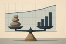 Ilustración de una balanza con piedras y gráfico de barras, representando estabilidad económica