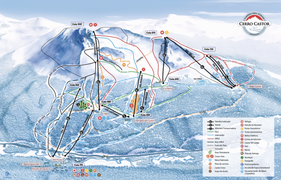 Mapa de pistas y servicios del centro de esquí Cerro Castor