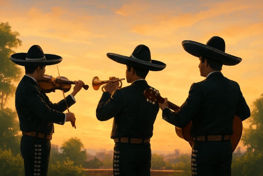 Grupo de mariachis tocando al atardecer con instrumentos tradicionales en un entorno al aire libre