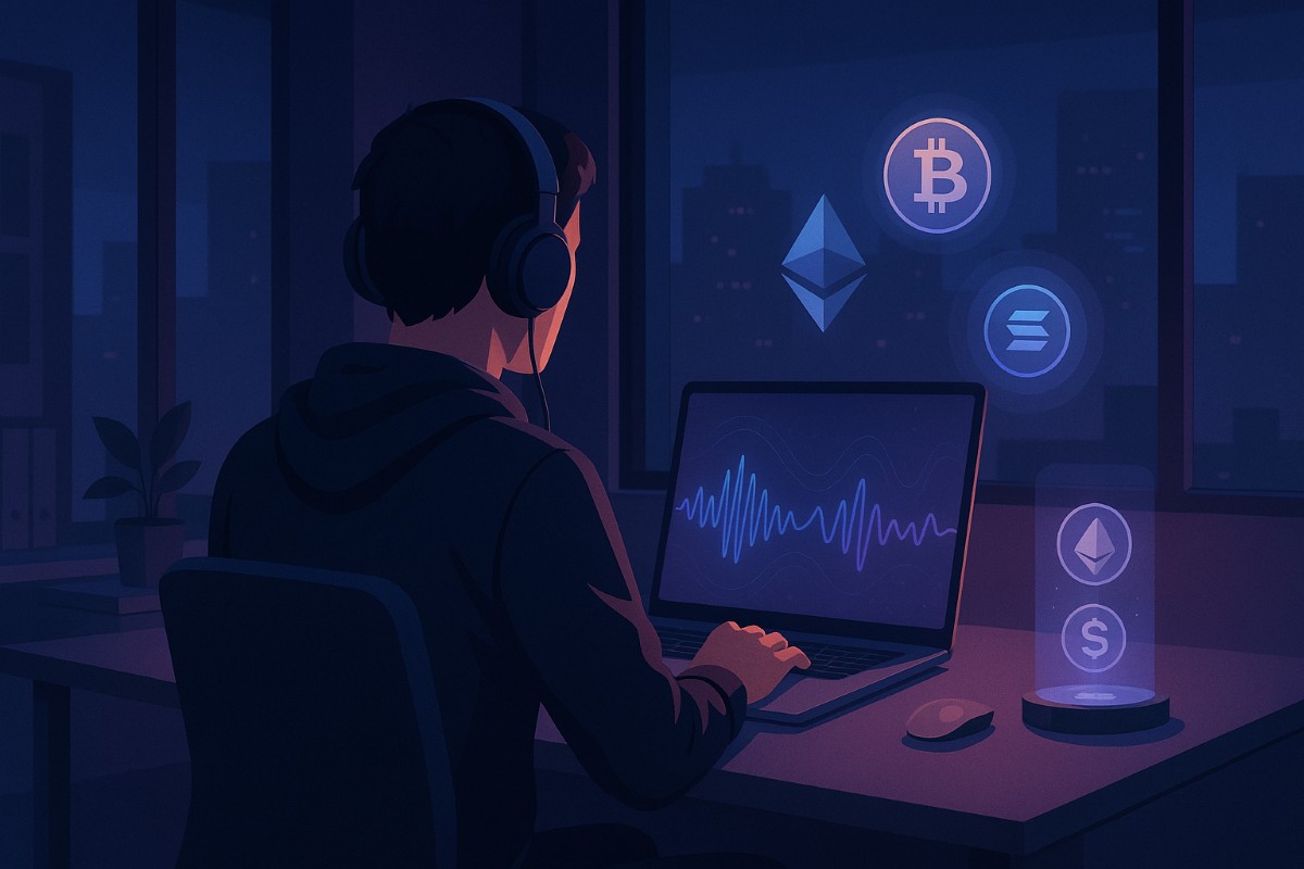 Ilustración digital de un joven escuchando un podcast sobre criptomonedas en una oficina moderna durante la noche, con íconos de Bitcoin, Ethereum y Solana flotando en el aire.