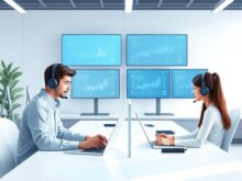 Dos agentes de call center trabajando con auriculares frente a laptops en una oficina moderna, con pantallas mostrando gráficos y métricas en tiempo real.