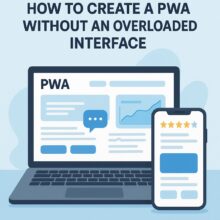 Ilustración digital de una aplicación PWA con diseño limpio mostrada en una laptop y un celular