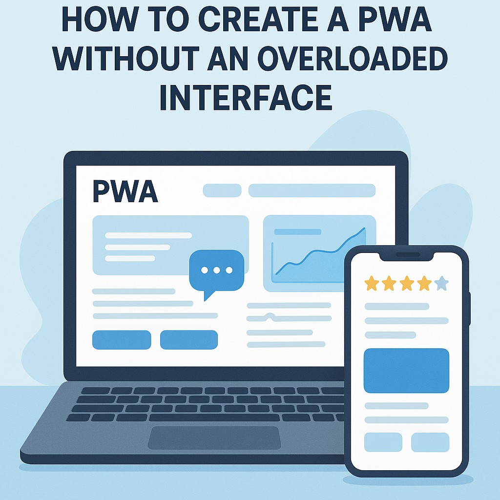 Ilustración digital de una aplicación PWA con diseño limpio mostrada en una laptop y un celular