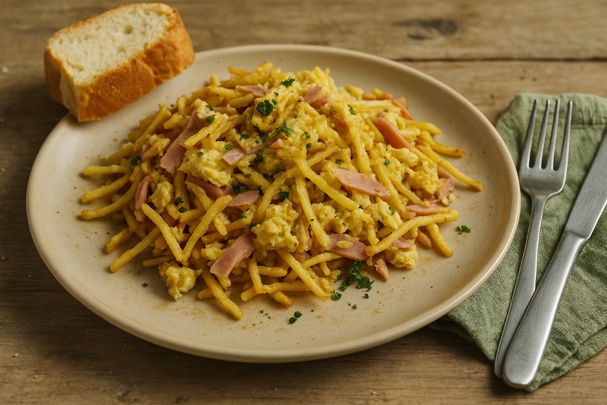 Revuelto gramajo servido en plato blanco con huevos ultra cremosos, papas fritas y perejil