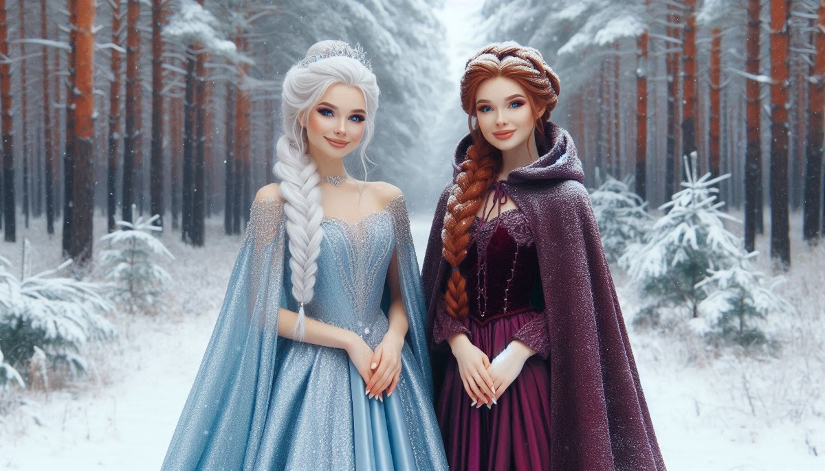 two women dressed as fantasy princesses standing in a snowy forest