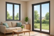Sala de estar moderna con ventanas de aluminio, vista al jardín y luz natural