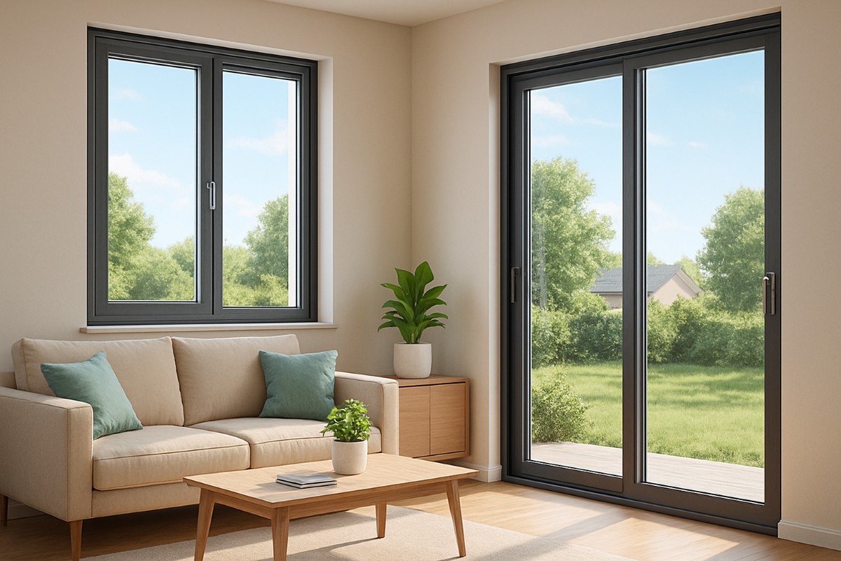 Sala de estar moderna con ventanas de aluminio, vista al jardín y luz natural