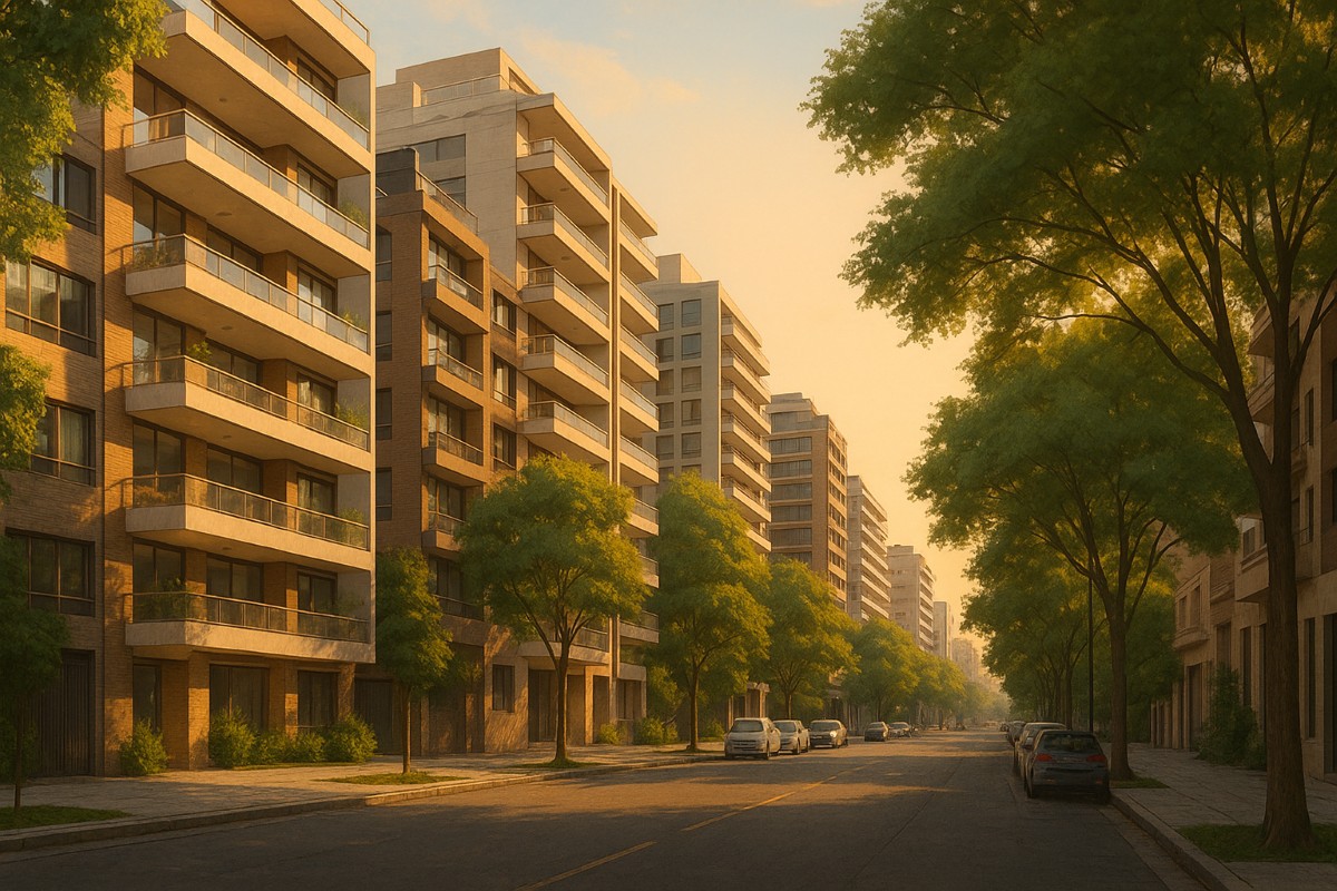 Calle arbolada en Villa Urquiza con edificios modernos al atardecer, reflejando el crecimiento inmobiliario en Buenos Aires.