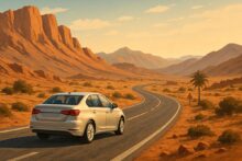 Auto recorriendo una carretera desértica en Marruecos con montañas al fondo
