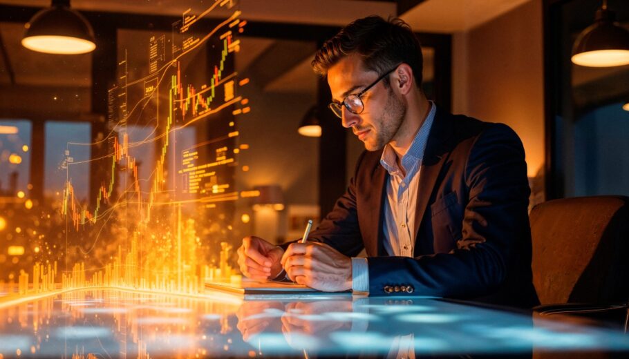 Analista financiero trabajando con gráficos digitales avanzados