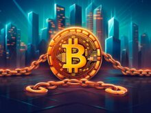 Ilustración de una moneda de Bitcoin encadenada sobre un fondo futurista con rascacielos