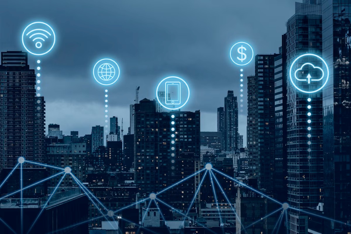 Ciudad inteligente con tecnología digital y red de comunicación global