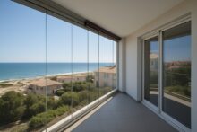 Terraza moderna con cortinas de cristal y vista panorámica al mar