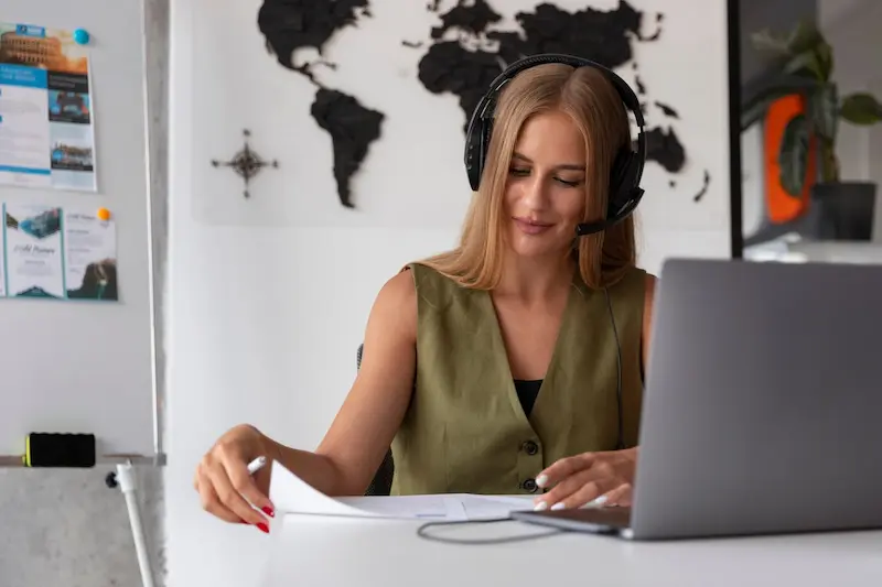 Mujer joven con auriculares trabajando frente a una laptop en una oficina moderna con mapa mundial de fondo