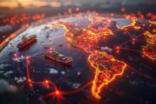 Mapa global iluminado con rutas comerciales y barcos de carga, representando la logística internacional