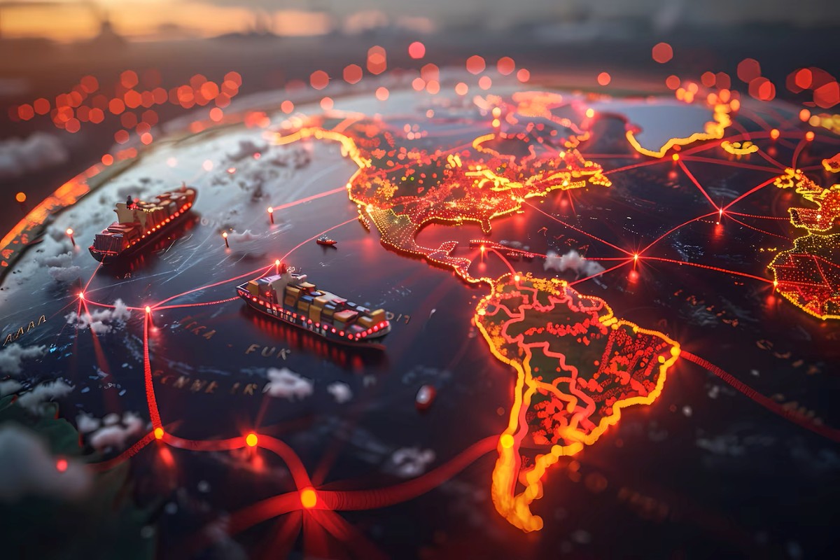 Mapa global iluminado con rutas comerciales y barcos de carga, representando la logística internacional