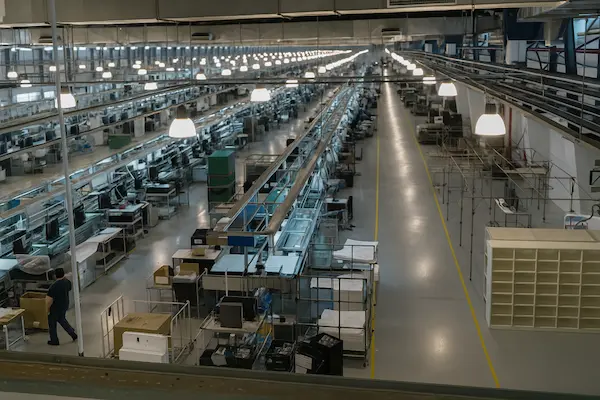 Línea de producción tecnológica en una fábrica moderna con iluminación LED en Tierra del Fuego