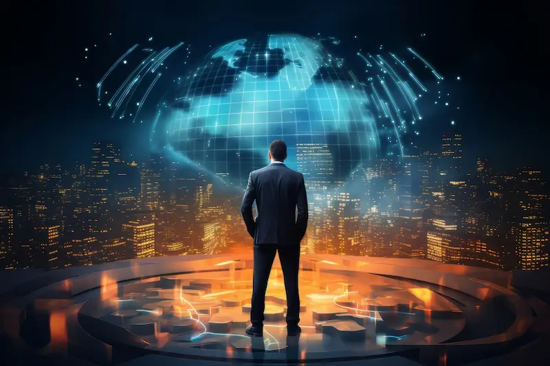 Ejecutivo observando un mapa digital global en un entorno urbano tecnológico, representando el trading automatizado con inteligencia artificial