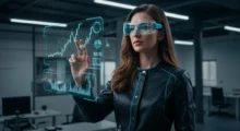 Mujer interactuando con una interfaz digital futurista para análisis de datos financieros