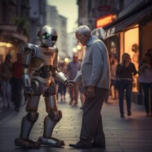 man hanging around robot