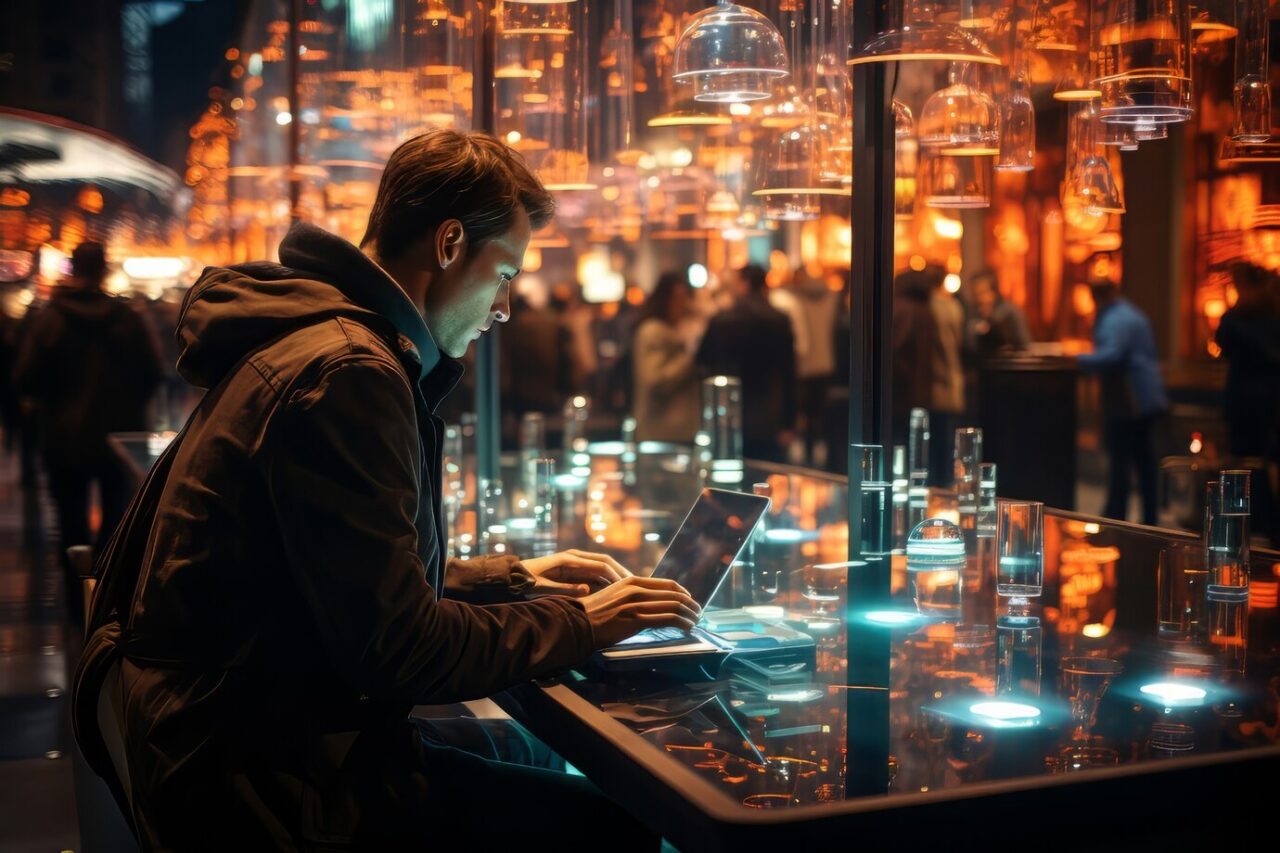 Man working on a laptop at a futuristic glass table with lights and a busy background
