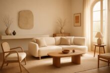 Sala de estar luminosa con sofá curvo, tonos neutros y mobiliario minimalista cálido
