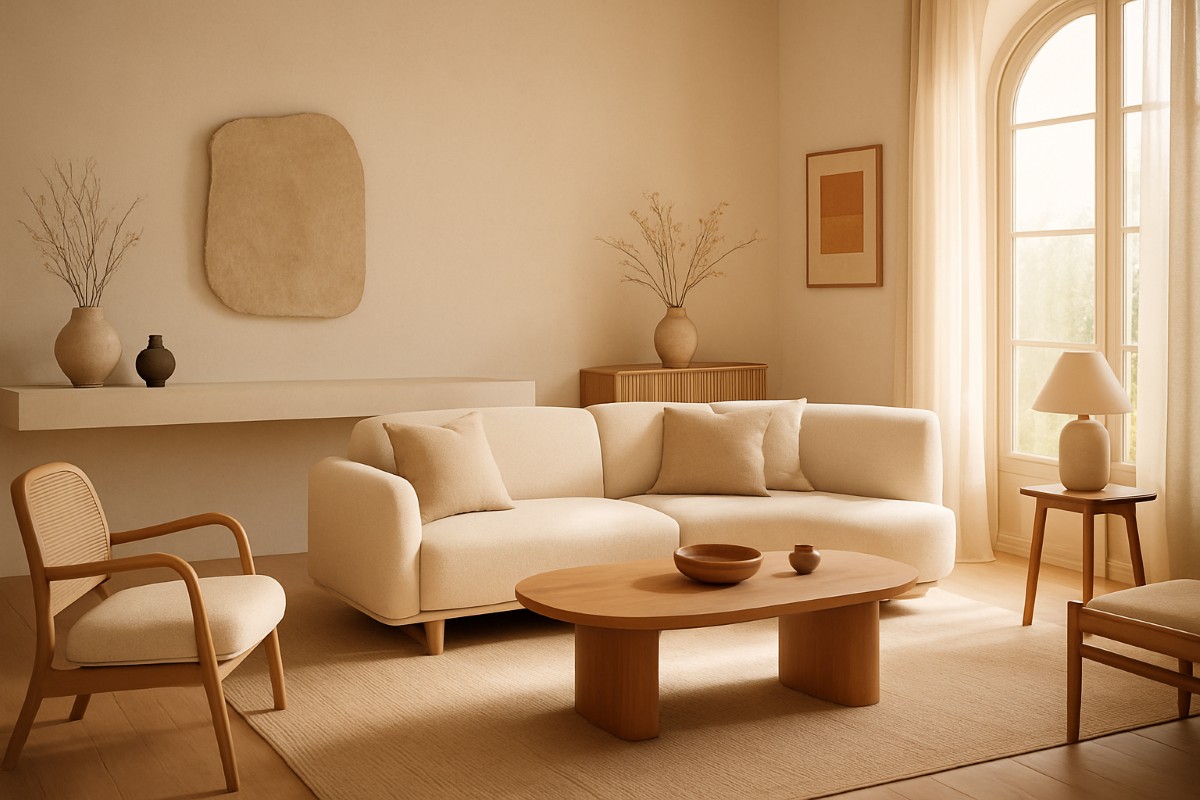 Sala de estar luminosa con sofá curvo, tonos neutros y mobiliario minimalista cálido